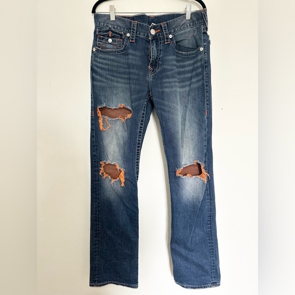 True Religion Men's 32 Orange & White Stitch Blue Straight Flap Horseshoe - Picture 1 of 4